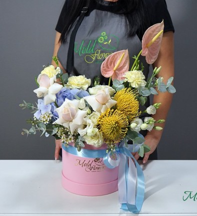 Box with hydrangea, roses, eustoma, and anthurium photo 394x433